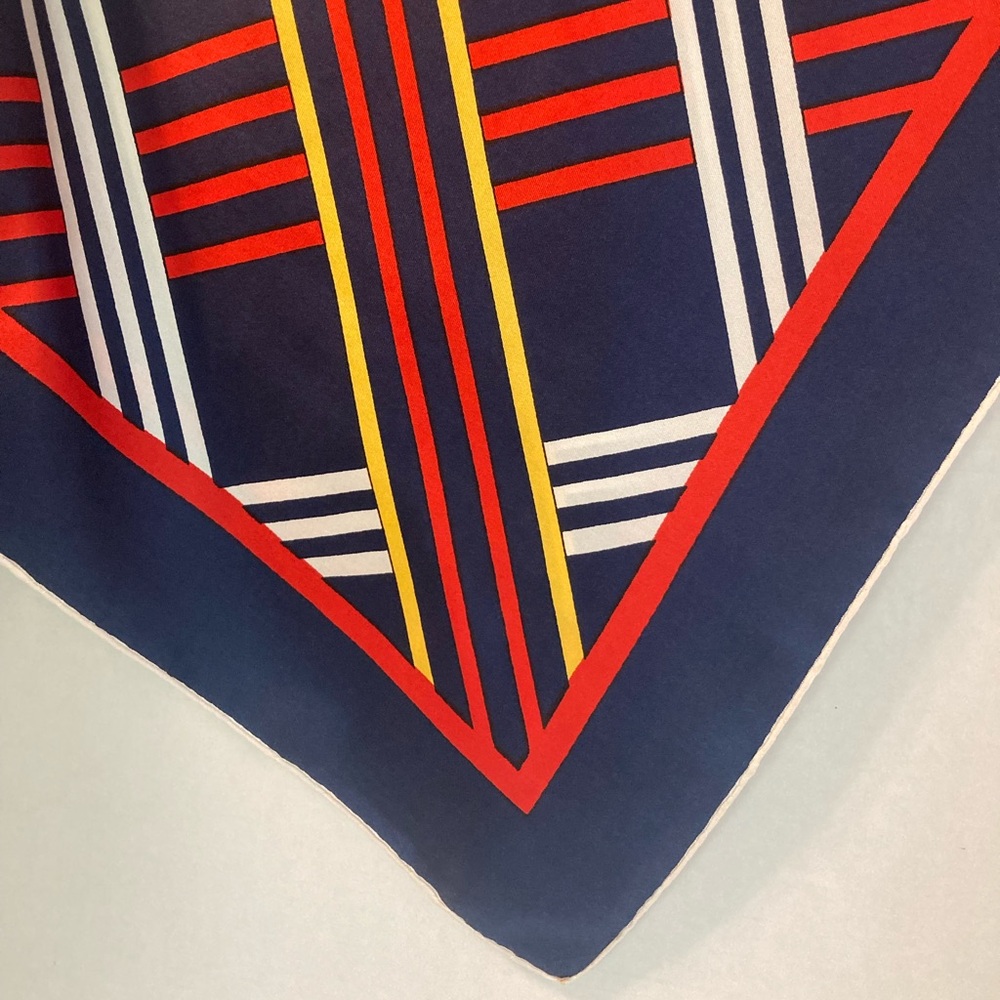 VETTER 100% Silk Geometric Navy Scarf with Red, Yellow, and White Stripes - Picture 2 of 3